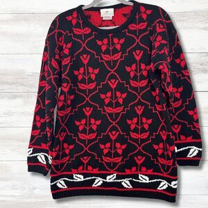 Vtg 90s Tunic Sweater Women Medium Black Red Knit Made in USA Holiday Cabincore